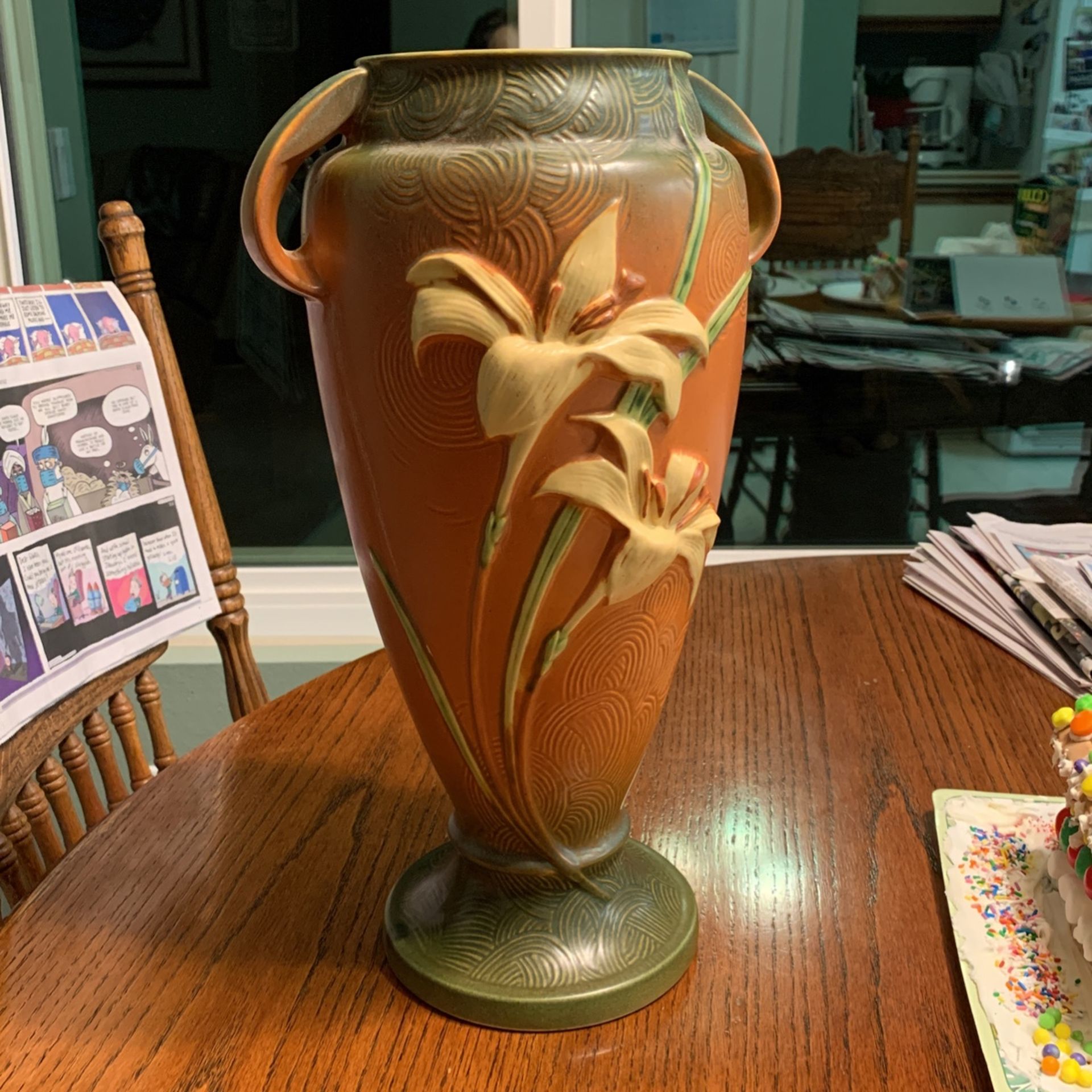 Original Roseville Pottery Zephyr Lily Brown Vase 141-15 Jardiniere Vintage Pot