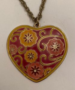 Floral Motif, Heart Shaped Enamel Necklace