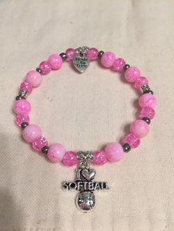 Handmade Stretch Bracelet with Glass Beads and Softball Charm (33)