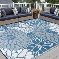 5'x8' Waterproof Reversible Plastic Straw Outdoor Area Rug, Blue Floral, NEW
