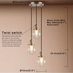 Pathson Industrial Island Pendant Lights, 3-Lights Dining Pendant Lighting with Globe Glass, Vintage Hanging Lamp Fixtures for Kitchen Living Room Bed