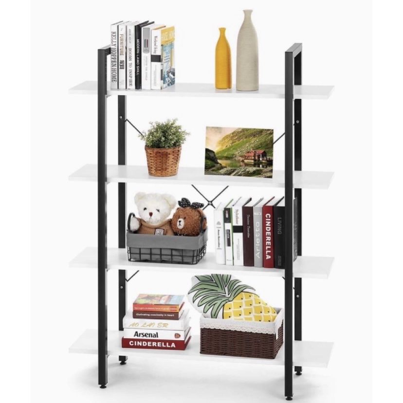 4 Tier Wood Bookcase Solid 130lbs Load Capacity Industrial Bookshelf, Sturdy Bookshelves with Steel Frame, Storage Organizer Home Office Shelf WHITE