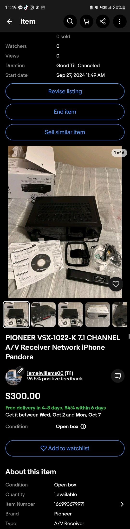 PIONEER VSX-1022-K 7.1 CHANNEL A/V Receiver Network iPhone Pandora Ready