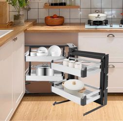 2 Tier Blind Corner Cabinet Pull Out,33.86" Swing Right Slide Out Kitchen Corner Cabinet Organizer Shelf with 4 Baskets,Small Space Organizer Kitchen