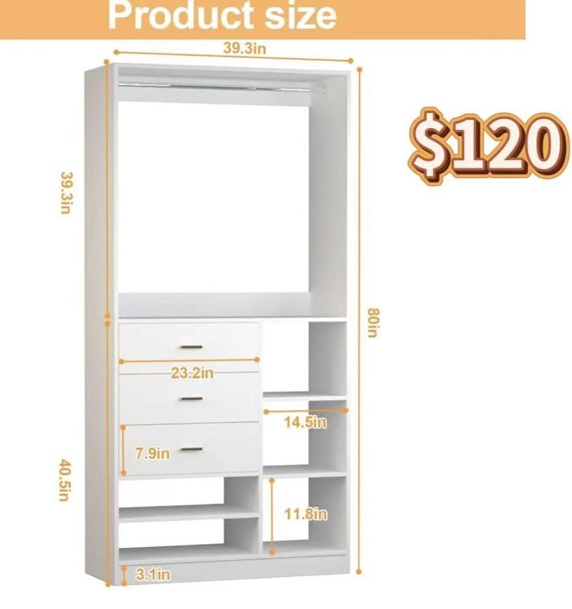 😀 80'' closet system with drawers ,Closet Organizer System with 2 Reversible Hanging Shelves & 3 Drawers – Ideal for Small or Walk-In Closets, White