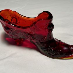 Vintage Fenton Ruby Red Glass Slipper - 1970s  Cabbage Rose Pattern