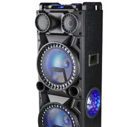 QFX PBX-1215 DUAL 12” BLUETOOTH RECHARGEABLE SPEAKER WITH LED PARTY LIGHTS, INCLUDES REMOTE CONTROL