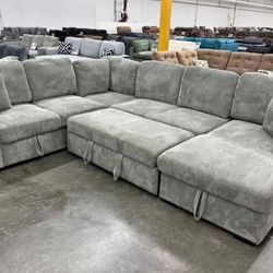 New Boucle Sectional W Pullout Bed/Storage Chaise.  92x120x61.  Grey.  Free Delivery!