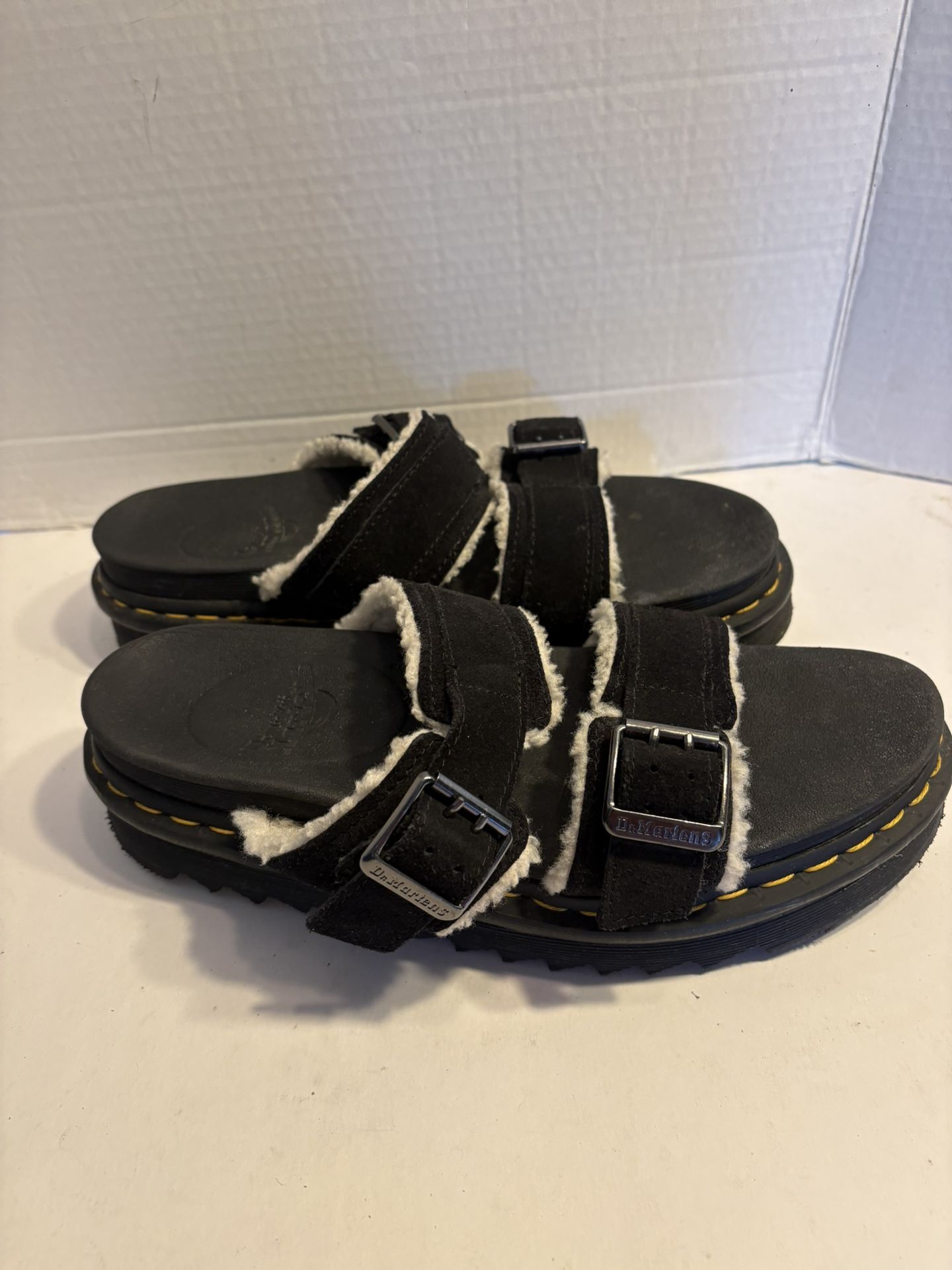 Dr Martens MYLES SUEDE FUR-LINED BUCKLE SLIDE SANDALS women 9M