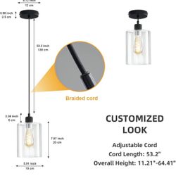 Black Cylinder Pendant Light, with 5.91 inch Clear Glass Shade Modern Lamp for Kitchen Island, Dining Table and Hallway,