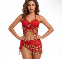 Red Belly Dance Costume Set with Gold Coins