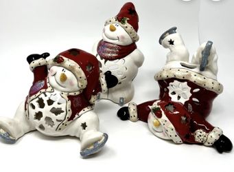 *RARE* Blue Sky  Hand-painted Snowman Trio Tea light Holder Set 