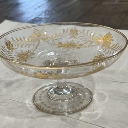 ANTIQUE MOSER GLASS WITH GILT INTAGLIO ENGRAVED GLASS COMPOTE FLORAL LEAF DESIGN