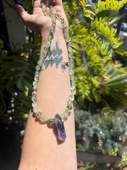 Prehinite and amethyst gemstone beaded necklace