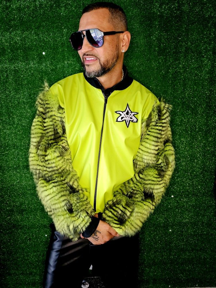 Neon Yellow Zip Jacket with Porcupine Fur Sleeves | VMS Couture Streetwear | Faux Fur Bomber | Unisex Designer Outerwear