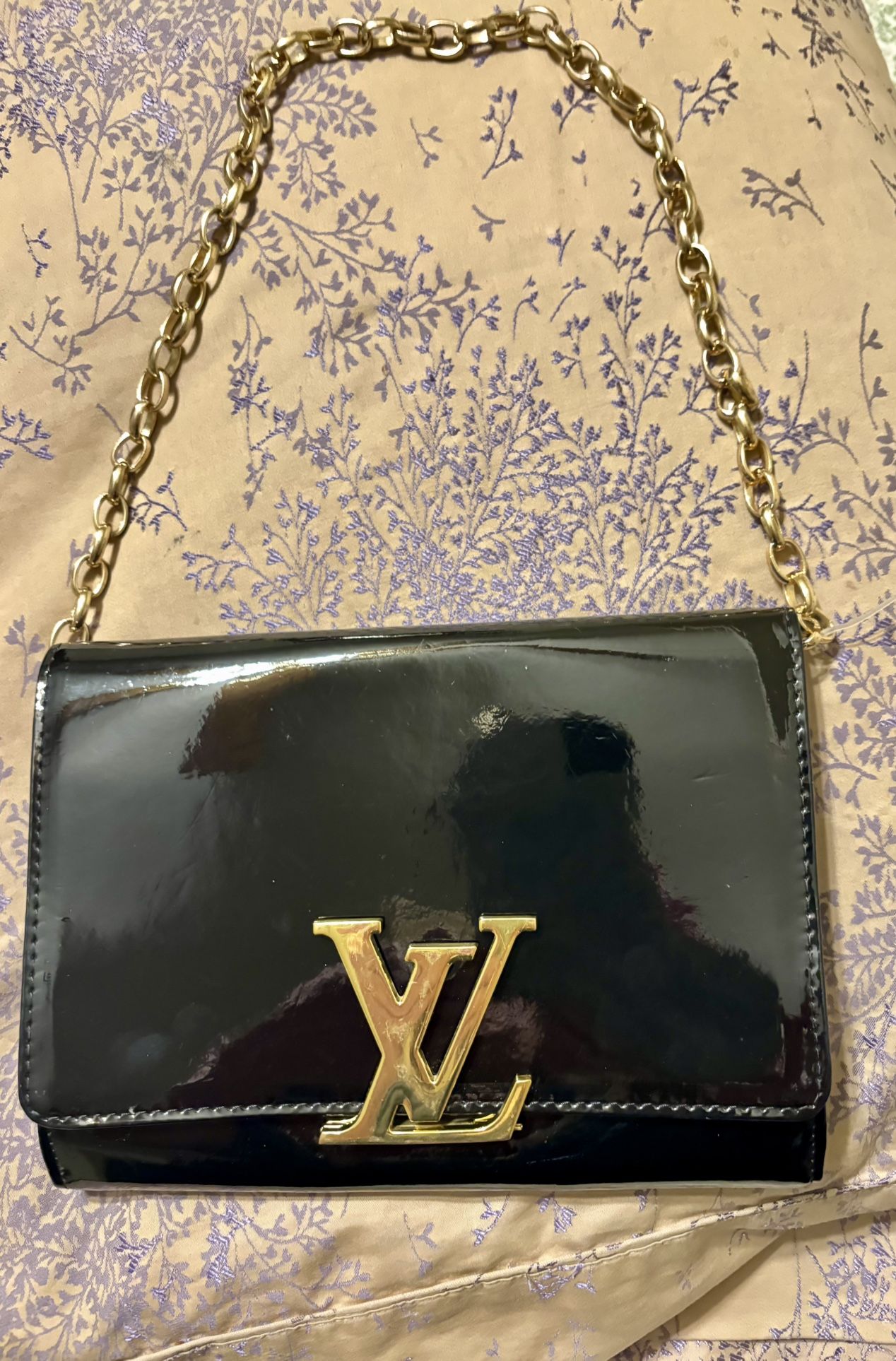 Louis Vuitton, Black Patten Leather Bag, With Gold Chain