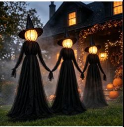 Halloween Witches Decorations Outdoor, 5 FT Set of 3 Light Up Holding Hands Witches with Stakes and Timer Function, Glowing Face Witch Decorations for