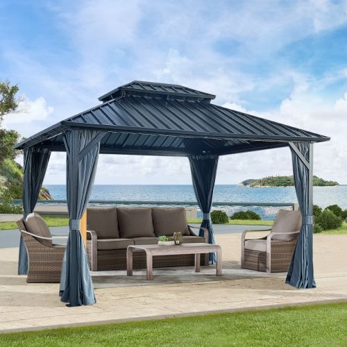 12x12ft Gazebo Double Roof Canopy with Netting and Curtains, Outdoor Gazebo 2-Tier Hardtop Galvanized Iron Aluminum Frame Garden Tent, Blue