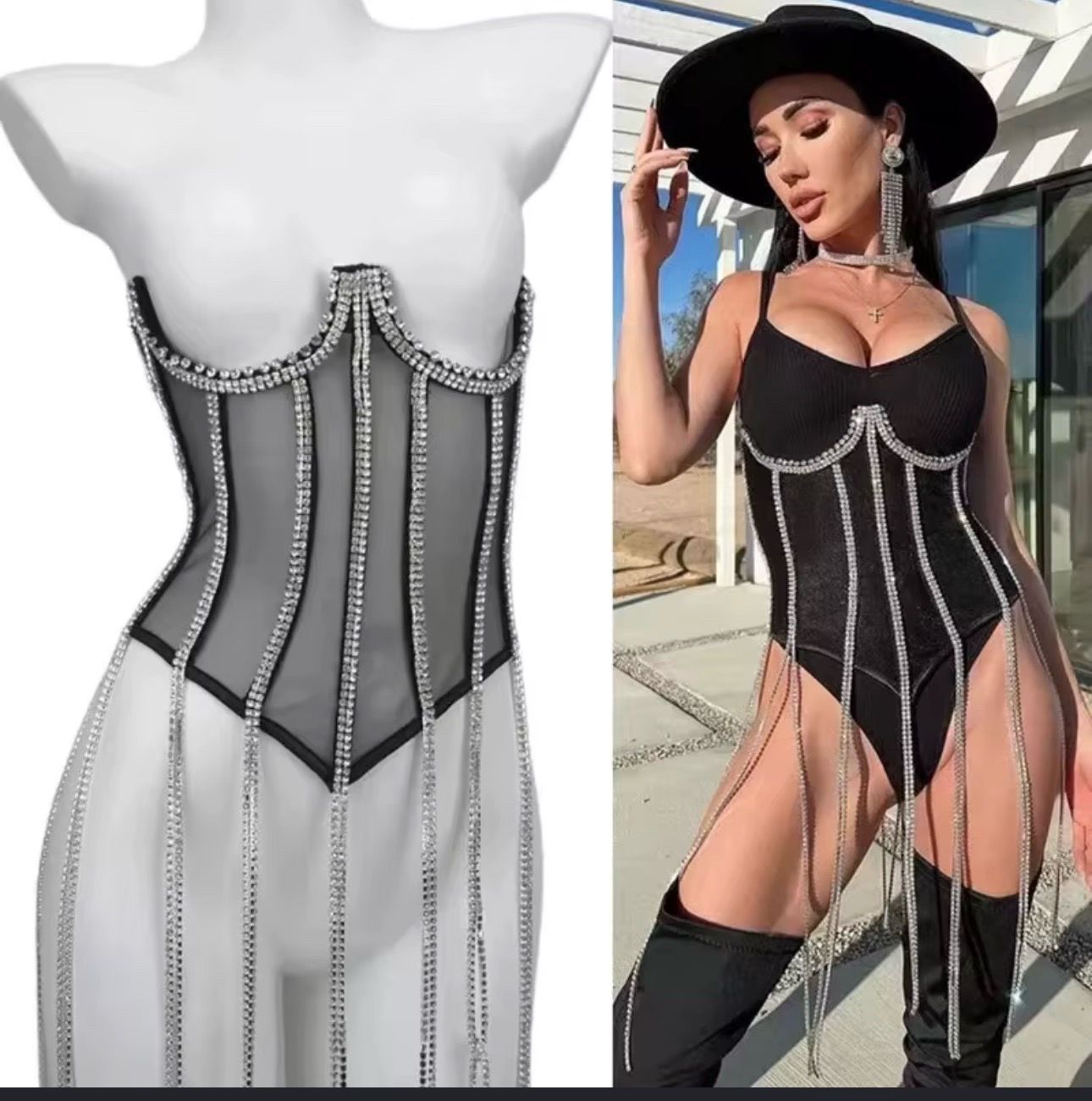 DIAMOND RHINESTONE EMBELLISHED F RINGE CORSET only color orange
