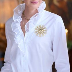 Vintage 1960s Opaline Glass Golden Filigree Floral Brooch, 2”