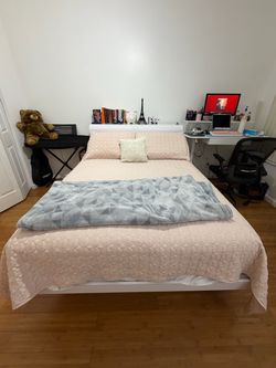 White Full/Queen Bed Frame with Headboard Shelf