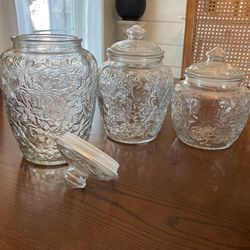 Princess House Fantasia Canisters Clear Glass Floral Storage