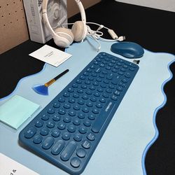 Computer Bundle (Blue) - Wireless Keyboard & Mouse, Wired Headphones, & Desk Mat
