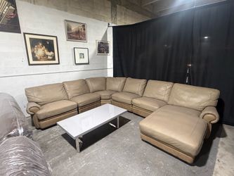 OUTLET SALE – Tan Leather Reclining Sectional Sofa with Chaise –