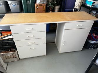 Garage storage work bench with storage drawers