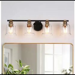 LNC 29 in. 4-Light Black Bathroom Vanity Light with Brass Accents & Glass Shades