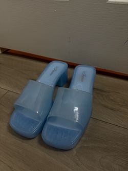 Baby Blue Jelly Block Heel Slides