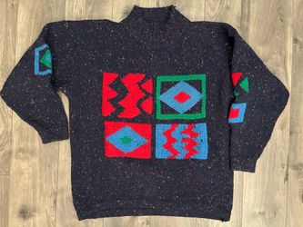 Vintage ESPRIT Sport native print Ribbed Knit Sweater Size M 100% Wool tribal
