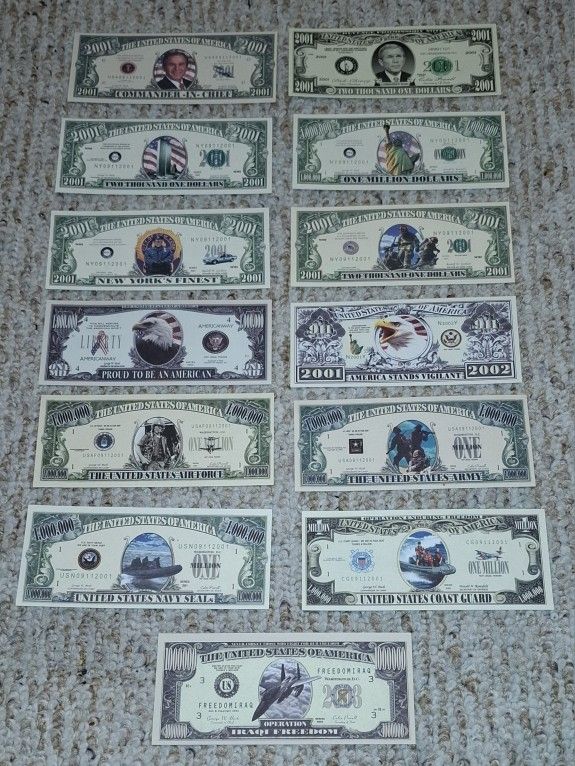 9/11 WTC, NEW YORK WORLD TRADE CENTER TWIN TOWERS, GEORGE BUSH. Lot OF 13 DOLLAR BILLS.