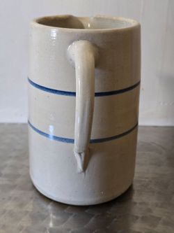 Vintage P.R. Storie heavy-duty salt-glazed cream/cobalt blue Stoneware Pitcher