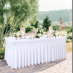 Besutolife White Tablecloths For Rectangle Tables 8ft Spandex Table Skirt One-Piece Wrinkle-Resistant Ruffles Design For Banquets Parties Wedding Dini