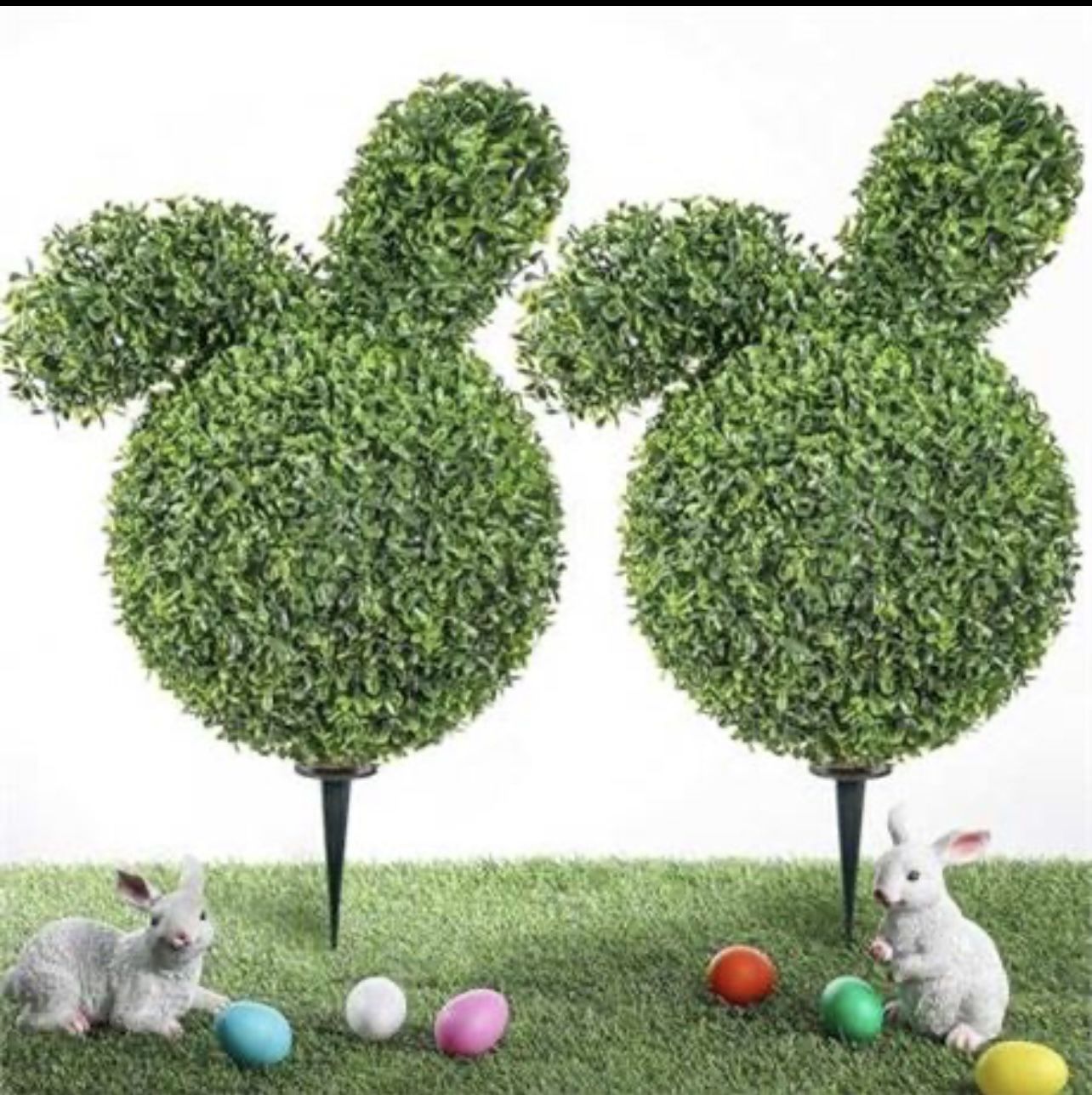 2 Pack 23.6" Easter Artificial Bunny Shaped Topiary Tree with Ground Spike UV Resistant Faux