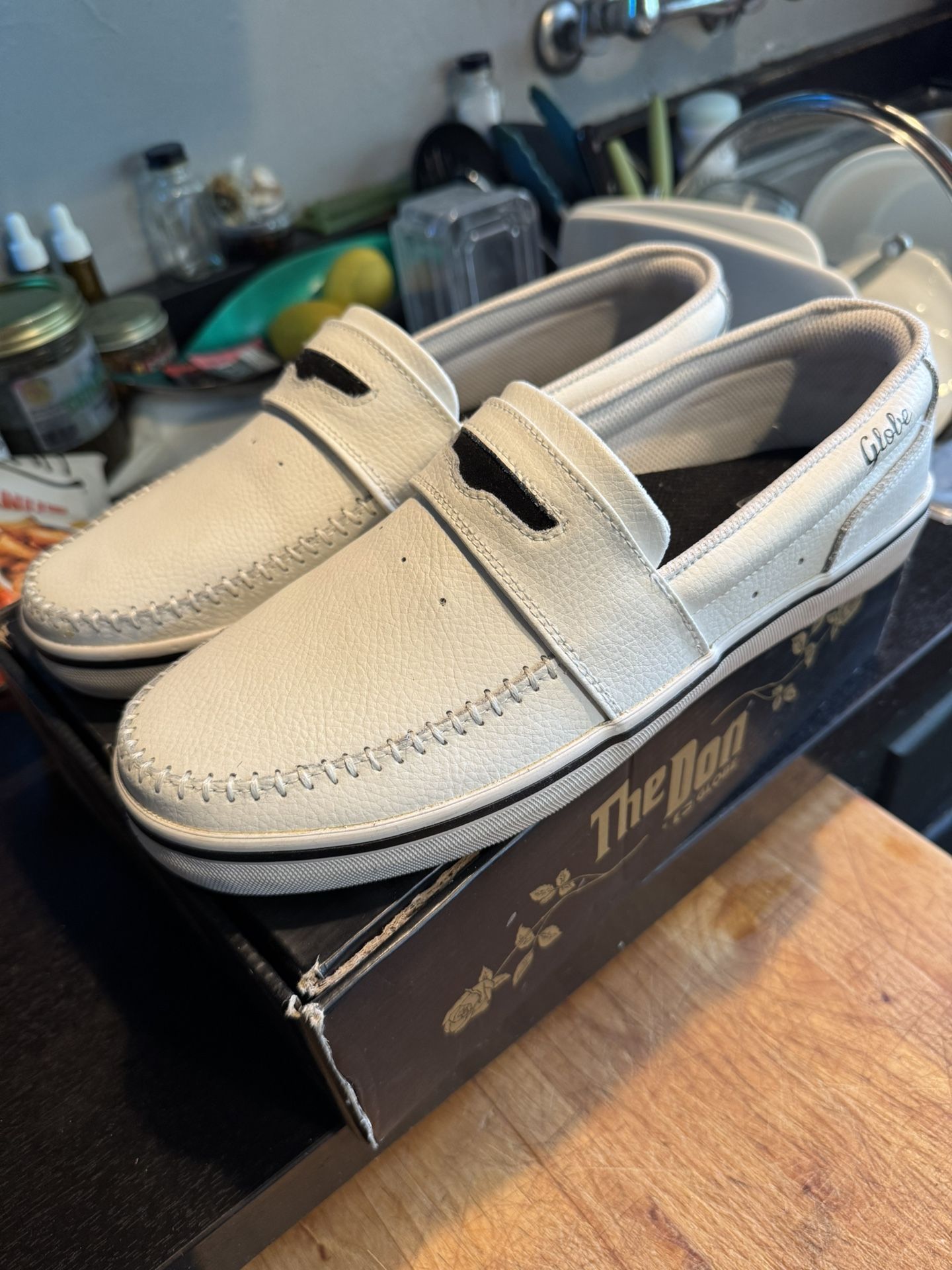 Brand New! RARE! GLOBE “The Don” Leather Mens Shoes/Loafers. Size 10. White Leather. $30