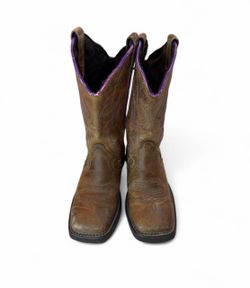 Justin Boots Brown Leather Cowboy Boots with Purple Embroidered Floral Design