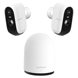 WUUK Indoor Outdoor Security Camera Wireless 2K, Homebase + 2 Cameras, No Monthly Fees, 32GB Storage, 2.4/5 GHz WiFi, 240 Days Battery Life, Night Vis