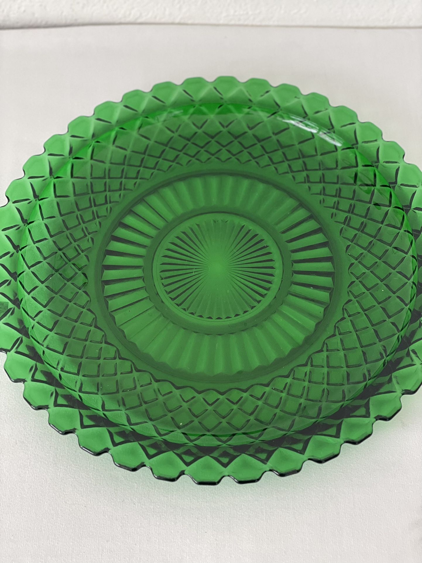 Vintage Anchor Hocking Emerald Green Waterford Waffle Glass Tray Or Cake Plate.