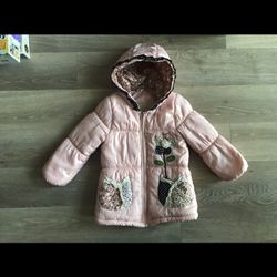 NEW Kids Children Girl Pink Puffy Sherpa Fleece  Flower Patch Pockets Jacket Coat Hoodie Hat Size 3-4T