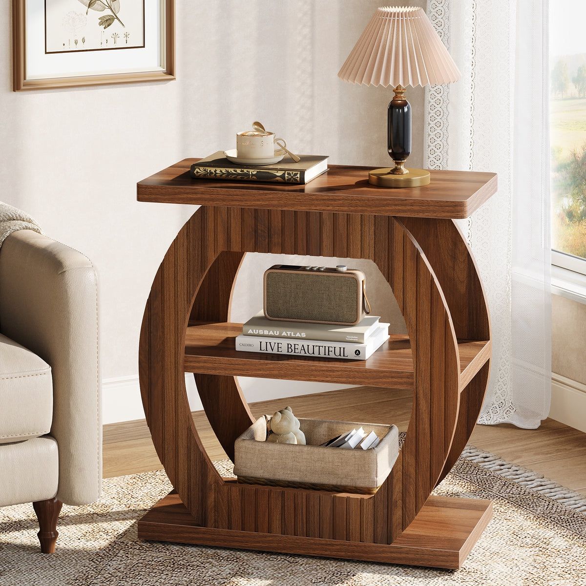 3-Tier End Table, 26" Rectangle Side Table with 3 Storage Shelves