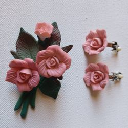 Set of Pink Rose Bisque Porcelain Brooch & Clip-on Earrings 