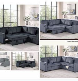 $550. Sectional Pull Out Bed With Storage USB Cup Holder Available,I Ivory,Dark Gray,Corduroy