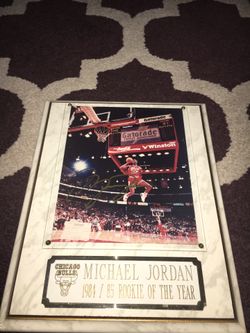 Autographed 8 x 10 Michael Jordan Eloquently Displayed On A Beautiful Plaque In Action During A Slam Dunk Tournament Epic Moment