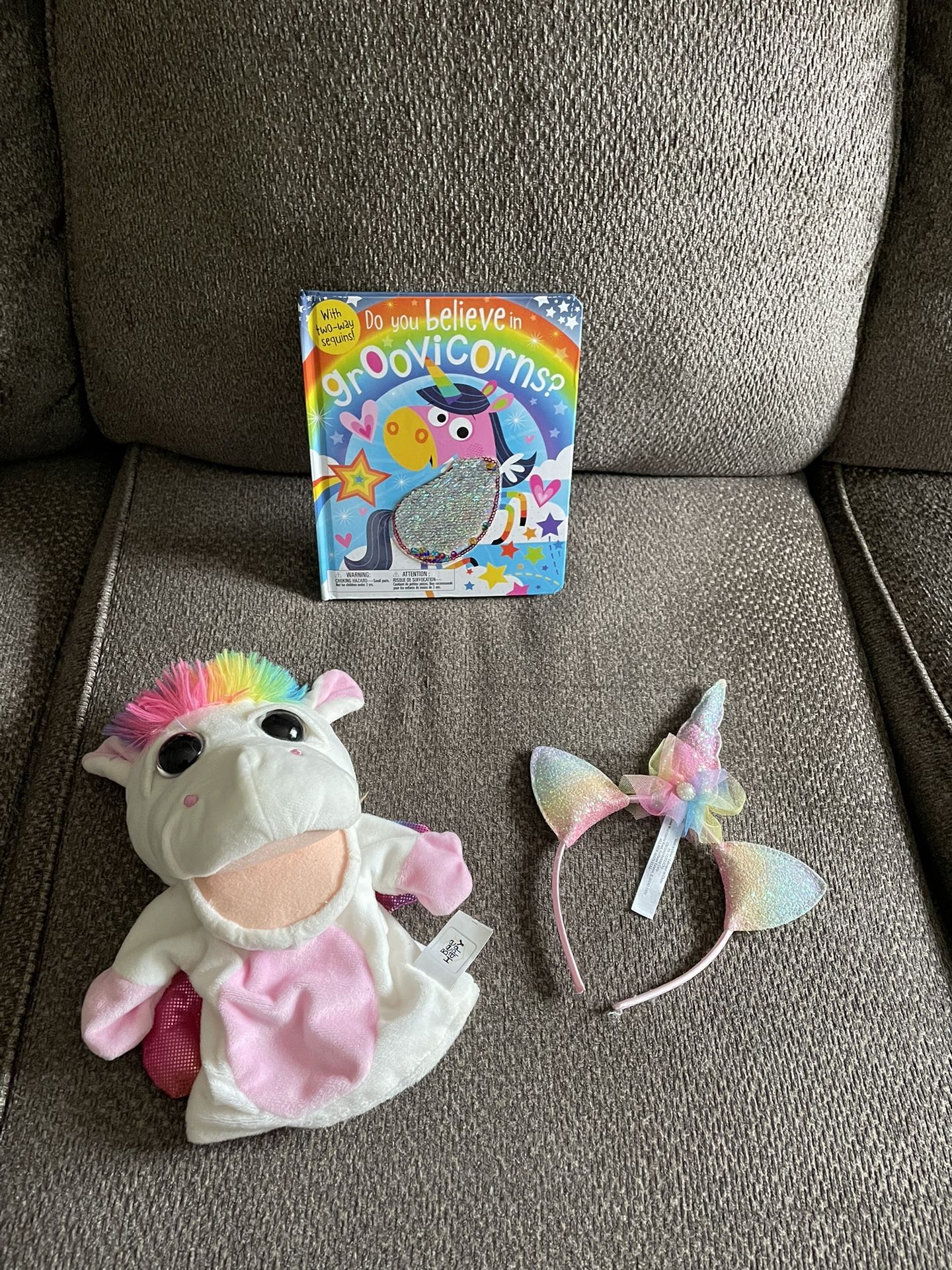 Unicorn puppet, headband and board book toy bundle