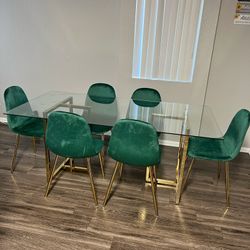 Emerald Green Gold Velvet Glass Dining Set For 6