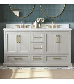 Brand new 60 Inch Bathroom Vanity with Double Sink Combo, Solid Wood Frame with Mable Top &Backspalsh, Fully-Assembled with Soft-Closing Doors & 5 Dra