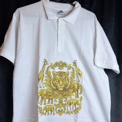 One of One Premium White Polo Shirt Gold Tiger & Safari Crest 100% Cotton Size US M Exclusive one-of-one design