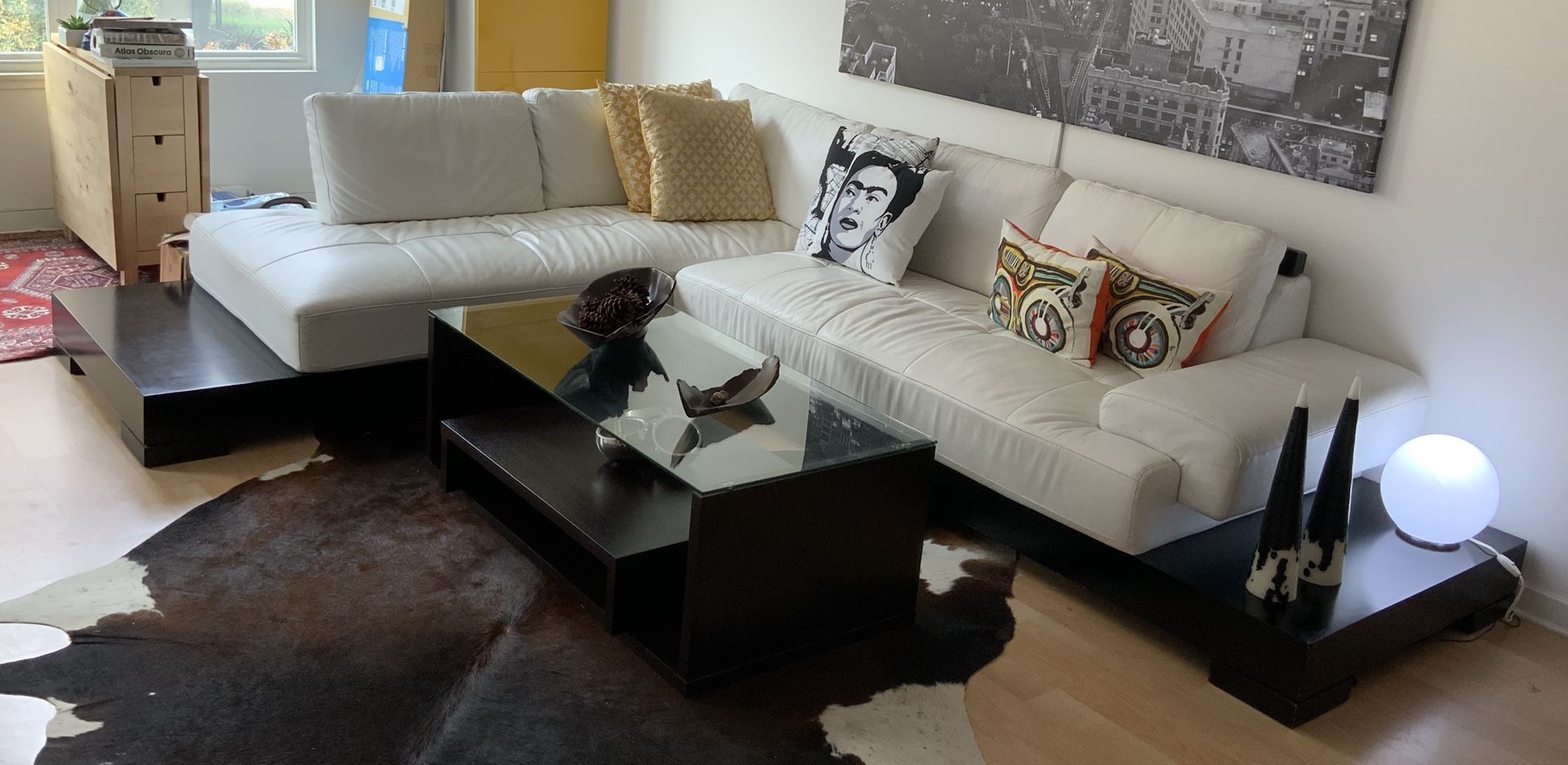 Modern Leather Sectional on wooden frame and coffee table (Willing to sell separately if interested) Must see!